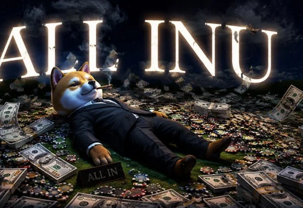 A shiba in a black suit lying on his back on a field of poker chips and cash, under a night sky